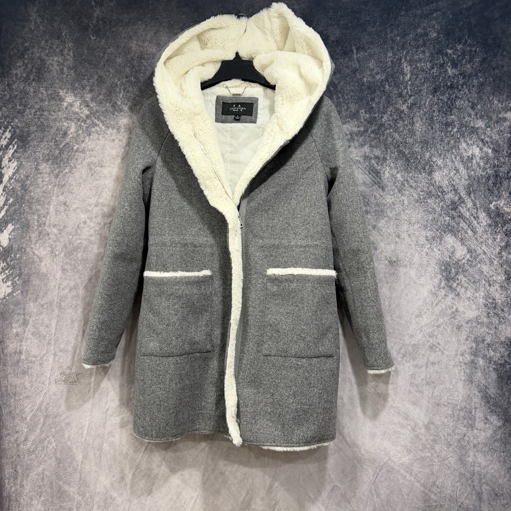 Coalition LA Women's Gray Coat Cream Faux Fur Sherpa Hooded Zip Jacket Small